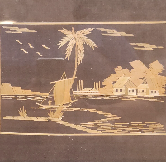 Asian Straw Art Picture Wall Decor Korean Waterway Scene Framed 1950's