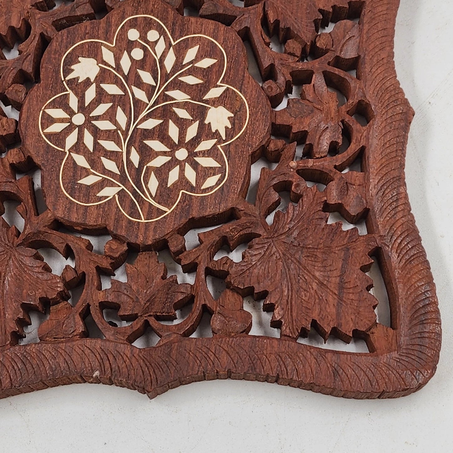 2 Hand Carved Wood Trivets 8" Gold Inlay Floral Leaf Design Scrolled Sides India
