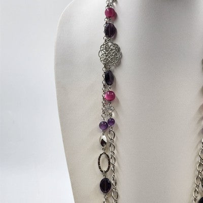 Silver Tone Chains w Multicolor Beads & Filigree Accents Double Strand Necklace