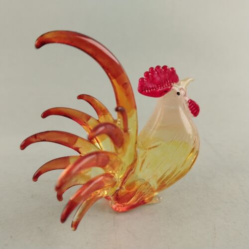 Rooster Miniature Glass Figurine Blown Fused Art Clear Red Yellow Orange