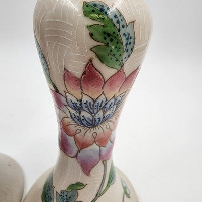 Ceramic Candlestick Holders 4"x 8" Hand Painted Pink Blue Floral Chinese Style