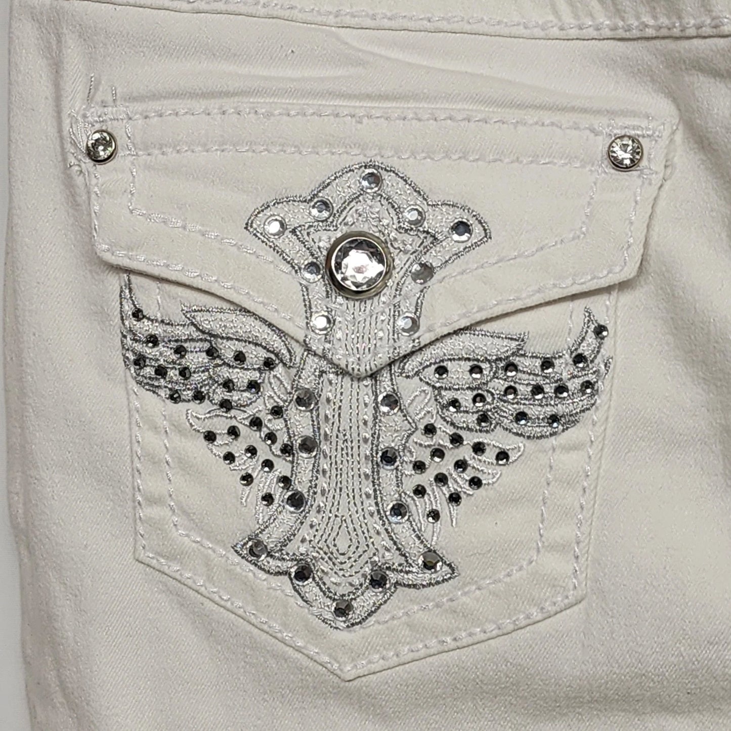 Earl Jean White Rhinestone Straight Leg Cuffed Denim Jeans 10