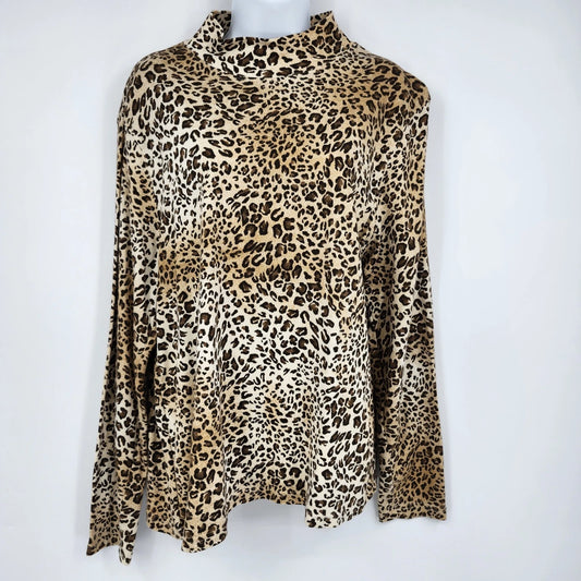 Studio Works Cheetah Print Turtleneck Sweater Women's Large Cotton Long Sleeve