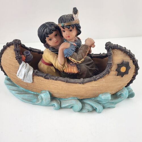 Native American Indian Kids In Canoe on the Water with Paddle Figurine Set 6.75"