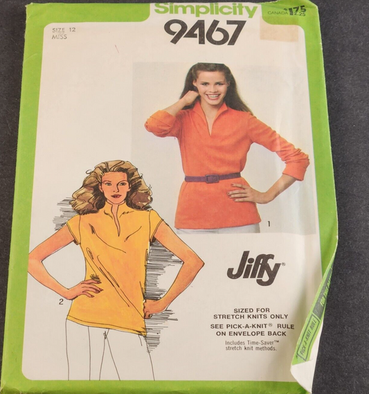 Simplicity 9467 Vintage Sewing Pattern 1980 Misses Jiffy Pullover Top Size 12