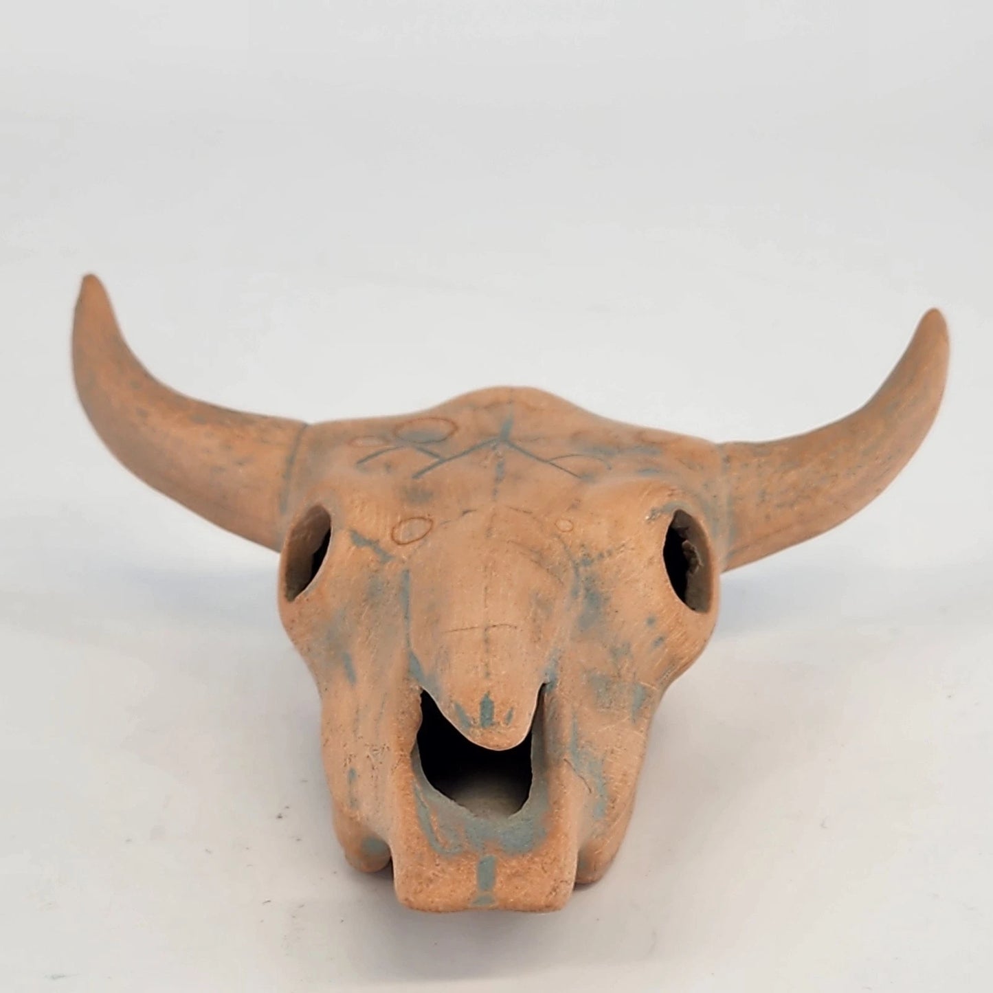 Handcrafted Ceramic Steer Skull 4" Orange Blue Glaze Bull Horns Folk Figurine