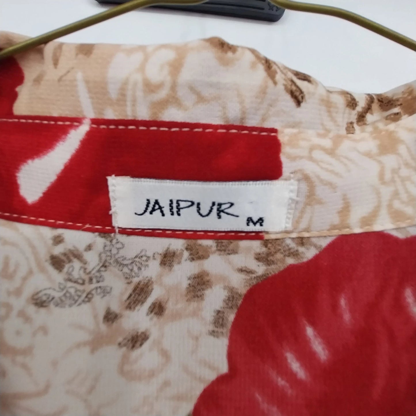 Jaipur Floral Blouse Women Medium Red Beige 3/4 Sleeve Button Front Top