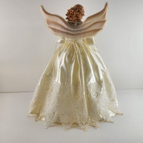 Angel Tree Topper Vintage Christmas Porcelain Lit Candles Pearls 14” Silk Lace