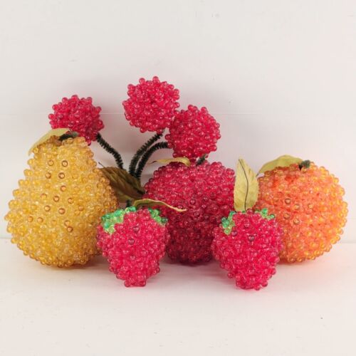 6 pc Vintage Sequined Beaded Push Pin Faux Fruit Decor Mid Century 1960's Craft