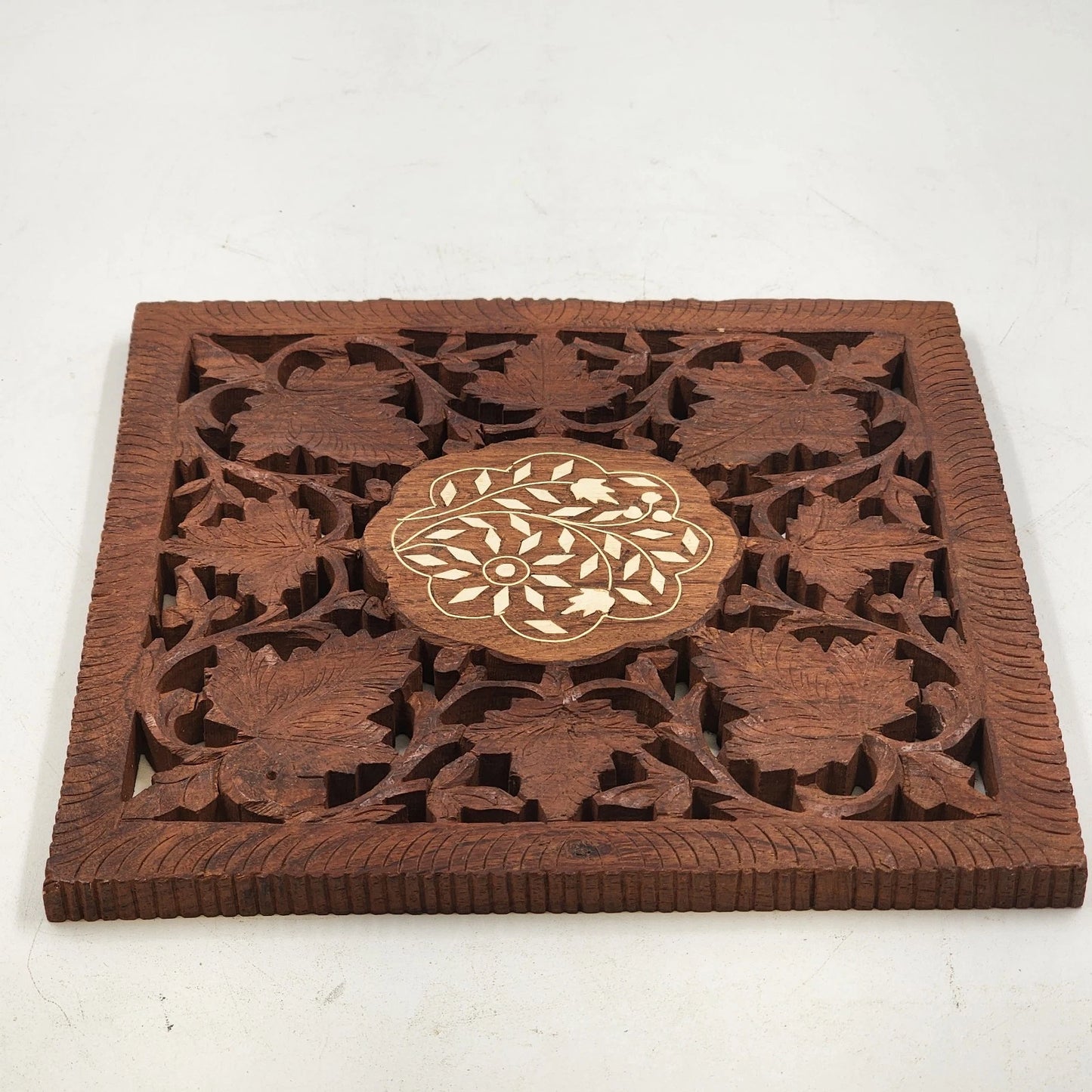 Hand Carved Wood Trivet 8" Square Gold Inlay Floral Leaves Design India Vintage