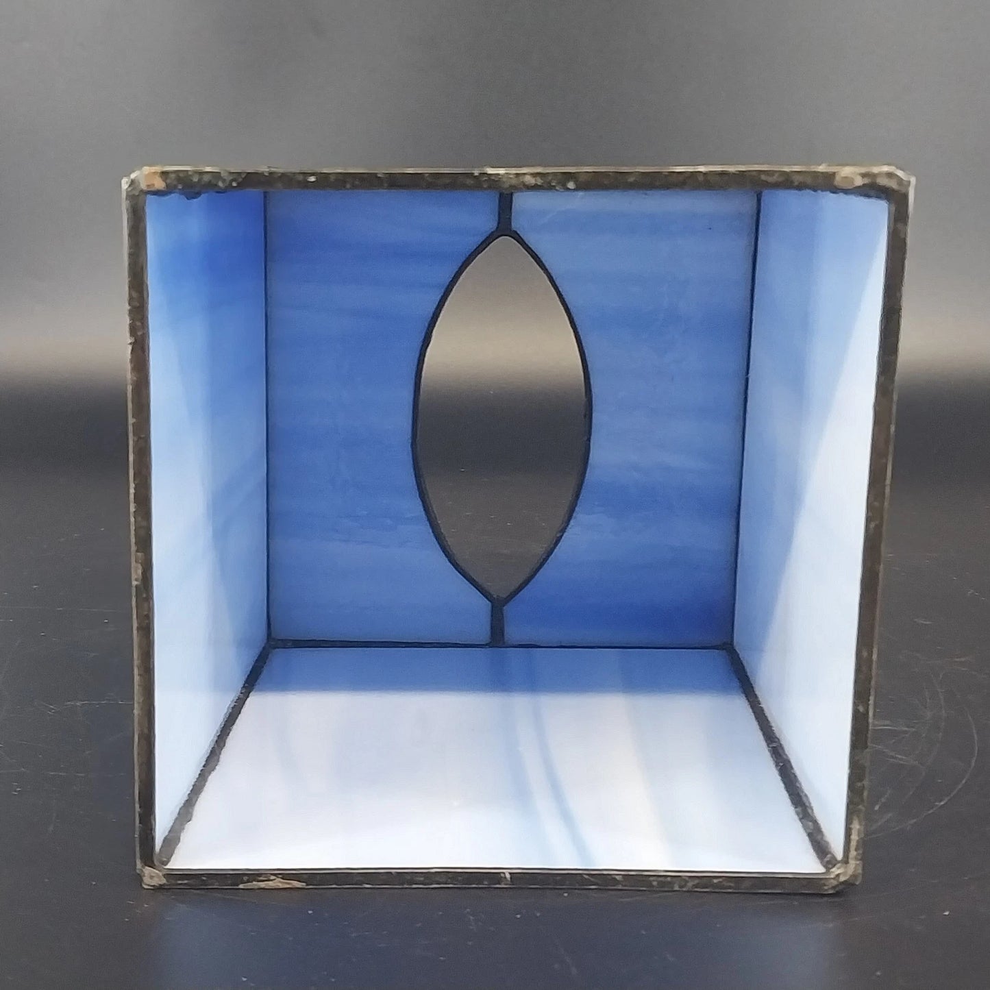 Stained Glass Tissue Box Cover Blue Swirl Slag Glass Metal 5" Bathroom Decor Vtg