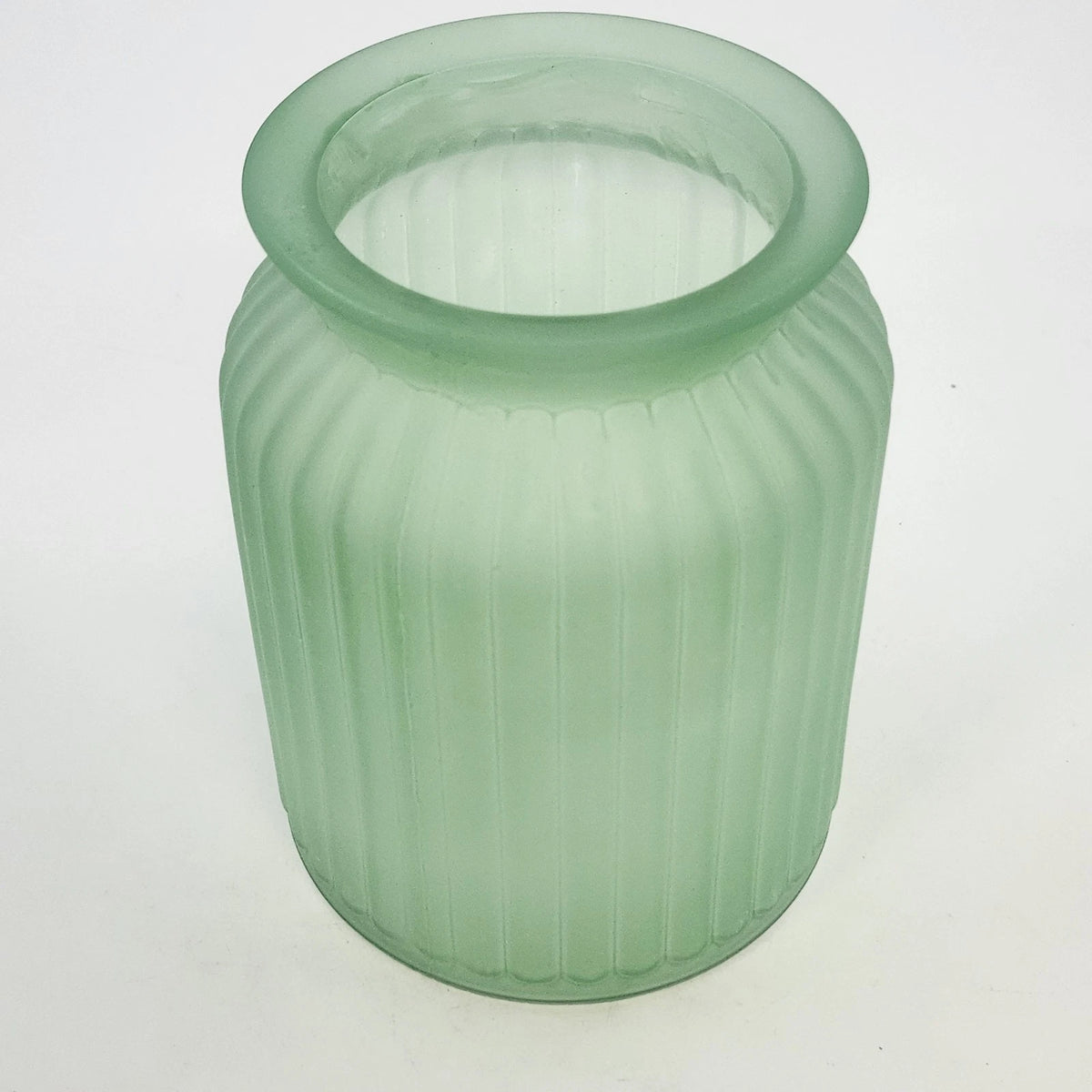 Frosted Glass Sage Green Vase 5.75" Textured Ribbed & Wide Flared Rim Vintage