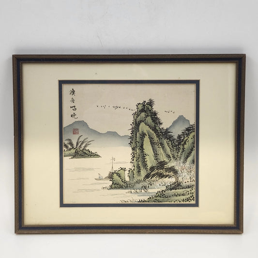 Chinese Ink Watercolor Landscape Painting Mountain River Boat Calligraphy Framed