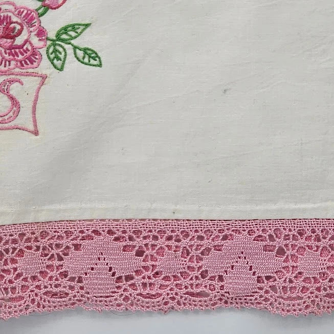 MRS Embroidered Pillowcase Pink Green Floral Lace Trim Mid Century 30" Vtg 1950s
