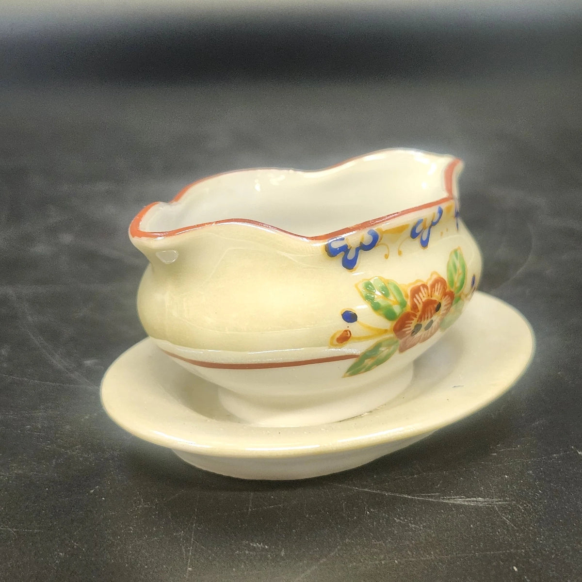 Porcelain Sauce Gravy Bowl with Underplate 3" Hand Painted Floral Rust Rim Japan