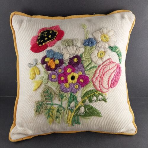 Needlepoint Crewel Floral Pillow Spring Flowers Stuffed Handmade Throw Accent