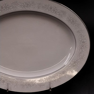 Noritake Cumberland Oval Serving Platter 11" White Flower Platinum Vintage Japan