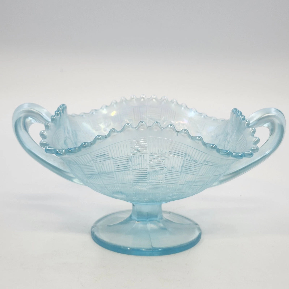 Jeannette Louisa Ice Blue Glass Pedestal Compote Double Handle Ruffled Rim 5.25"