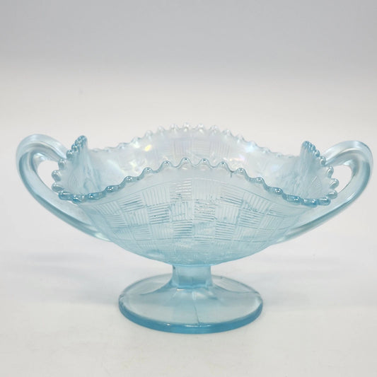 Jeannette Louisa Ice Blue Glass Pedestal Compote Double Handle Ruffled Rim 5.25"