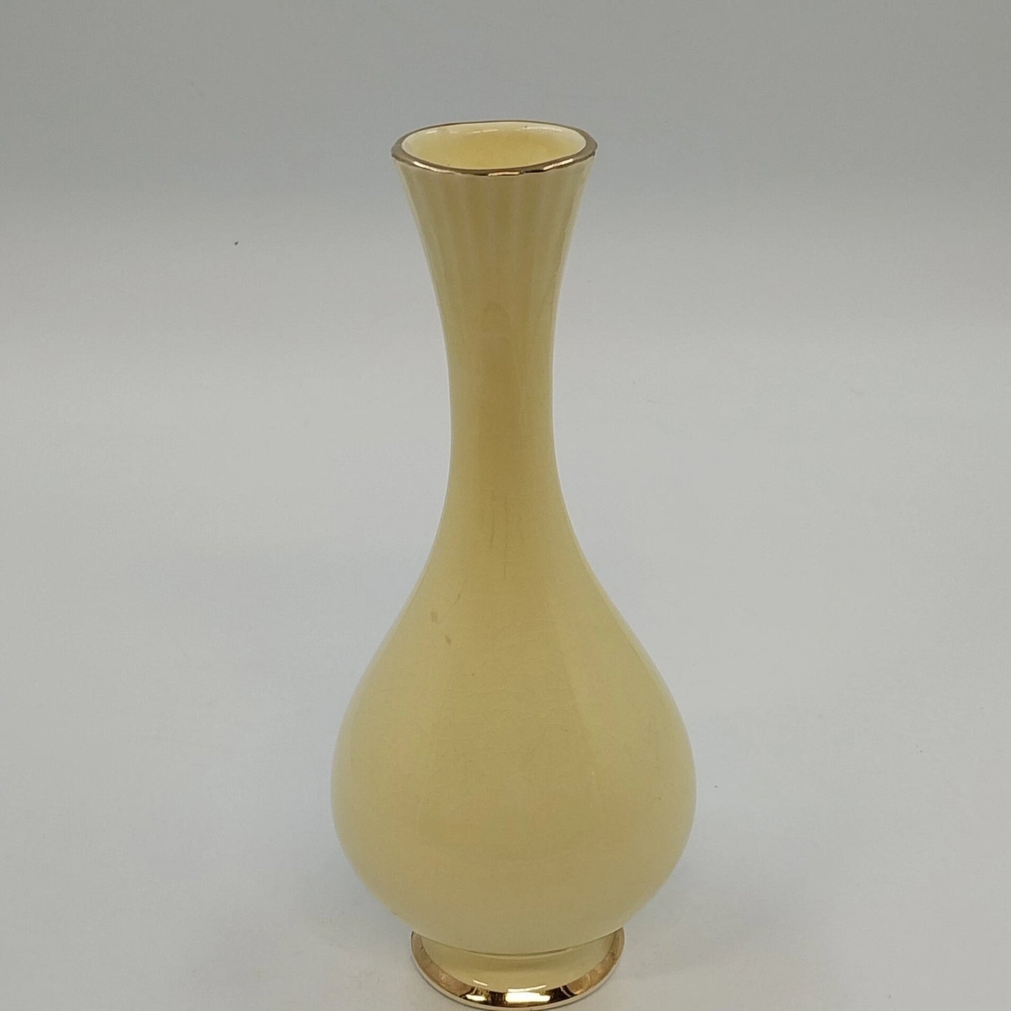 Golden Ware Bud Vase 22K Gold Lotus Floral Yellow Ceramic 9" Vtg Fluted Crazed