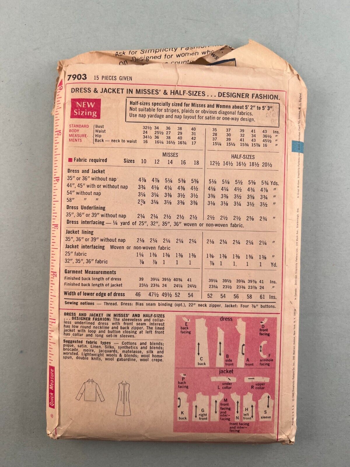 Simplicity 7903 Vintage Sewing Pattern 1968 Misses ½Sz Dress and Jacket Designer