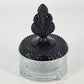 New Martinsville Geneva Glass Puff Box Black Plume Finial Diamond Art Deco 1930s