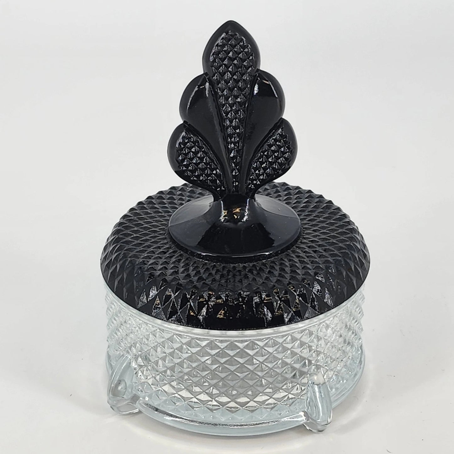 New Martinsville Geneva Glass Puff Box Black Plume Finial Diamond Art Deco 1930s