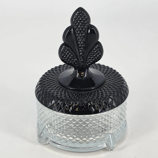 New Martinsville Geneva Glass Puff Box Black Plume Finial Diamond Art Deco 1930s