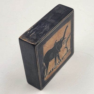Hand Painted Solid Stone Tile 4"x4"x1" Giraffe & Elephant on Each Side