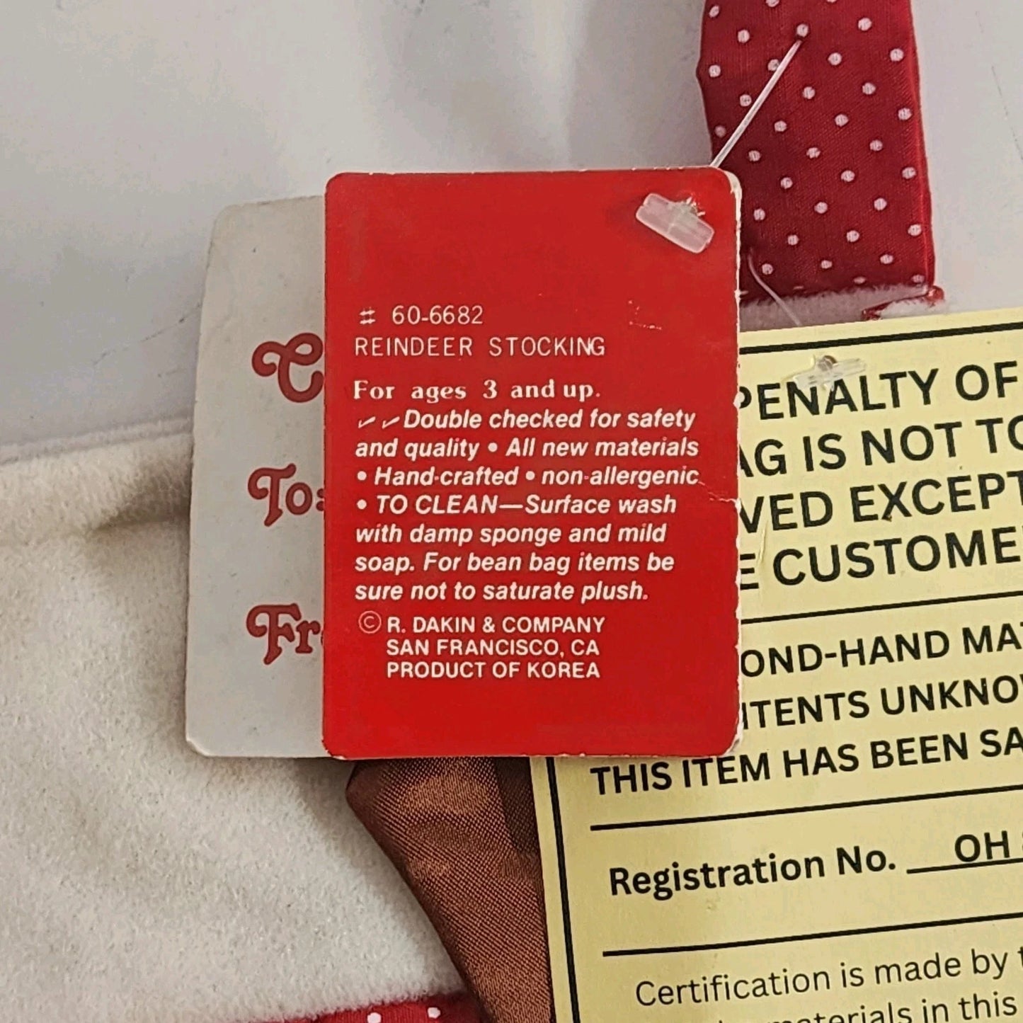 Reindeer Christmas Stocking Red Nose Candy Cane Bell 14.5” Red Dot Pattern Vtg