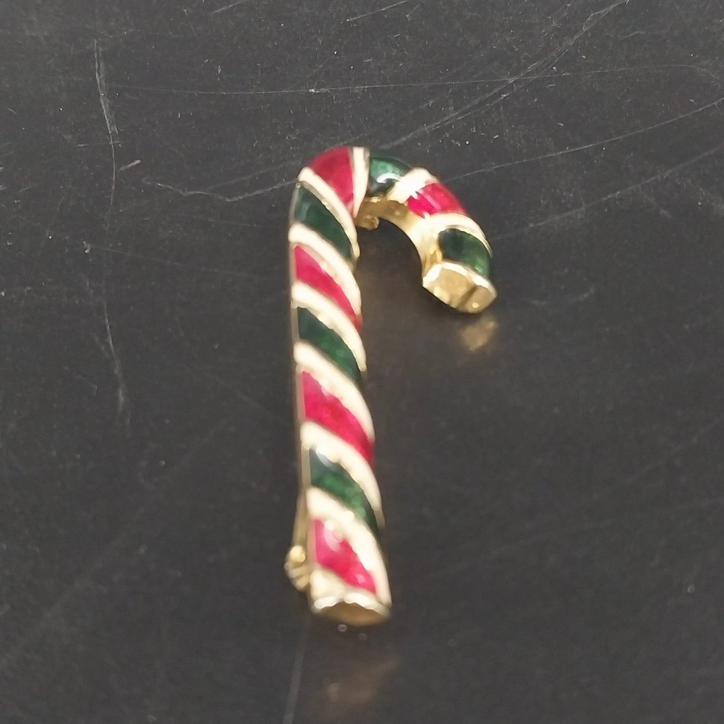 Candy Cane Christmas Brooch Pin Gold Tone Red Green Enamel 2" Holiday Vintage