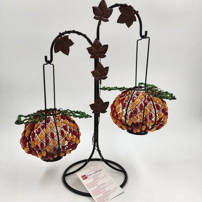 2 Beaded Pumpkin Tea Lite Holders Home Interiors w Free Standing Metal Stand NOS