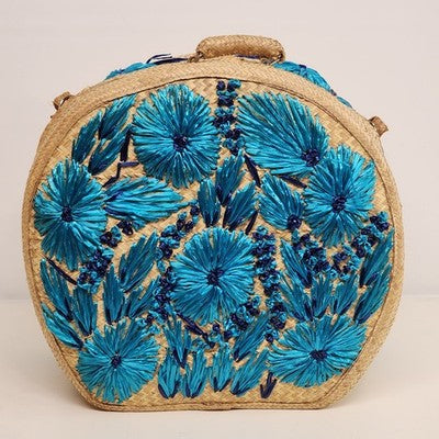 Woven Raffia Hat Box Suitcase Train case Blue Floral Travel 16" Boho Vintage