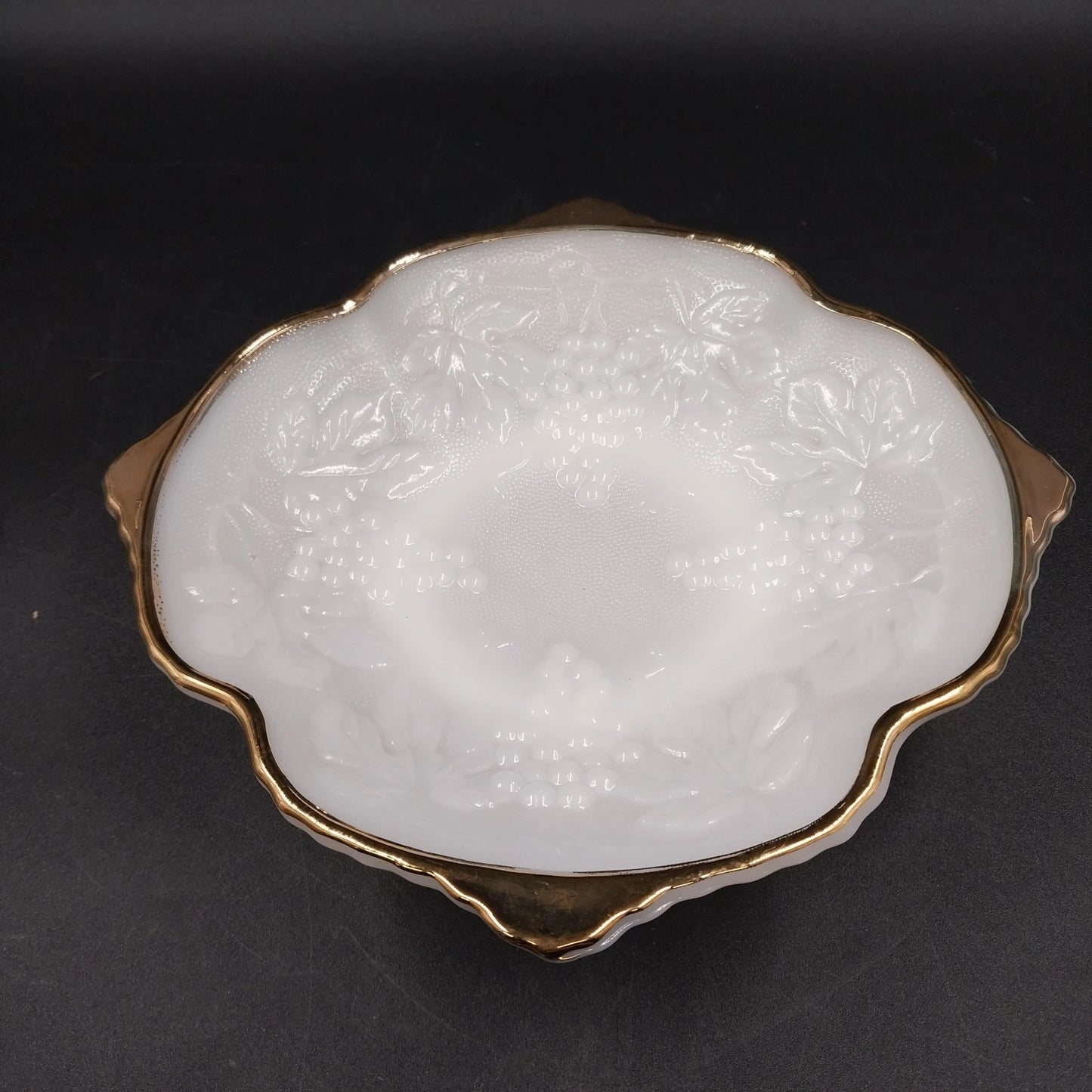 Anchor Hocking Milk Glass Serving Bowl Raised Grape & Leaf Motif Gold Trim 8.5"