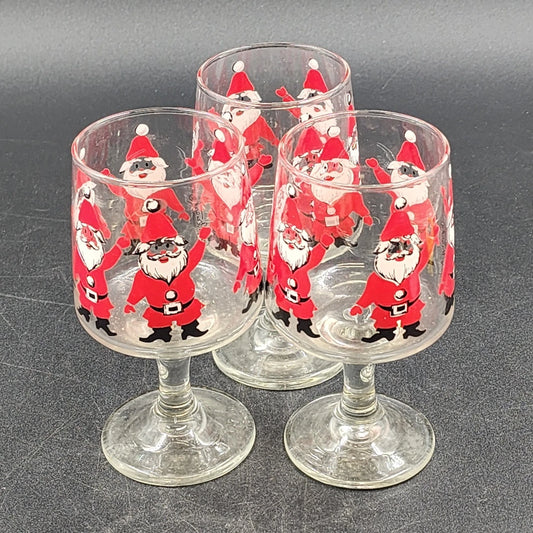 3 WAVING SANTA Wine Glasses by Georges Briard Clear Glass Christmas MCM 1960's