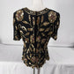 Steney Silk Top Gold Sequin Floral Leaf Short Sleeve Zipper Closure Sz L AS IS