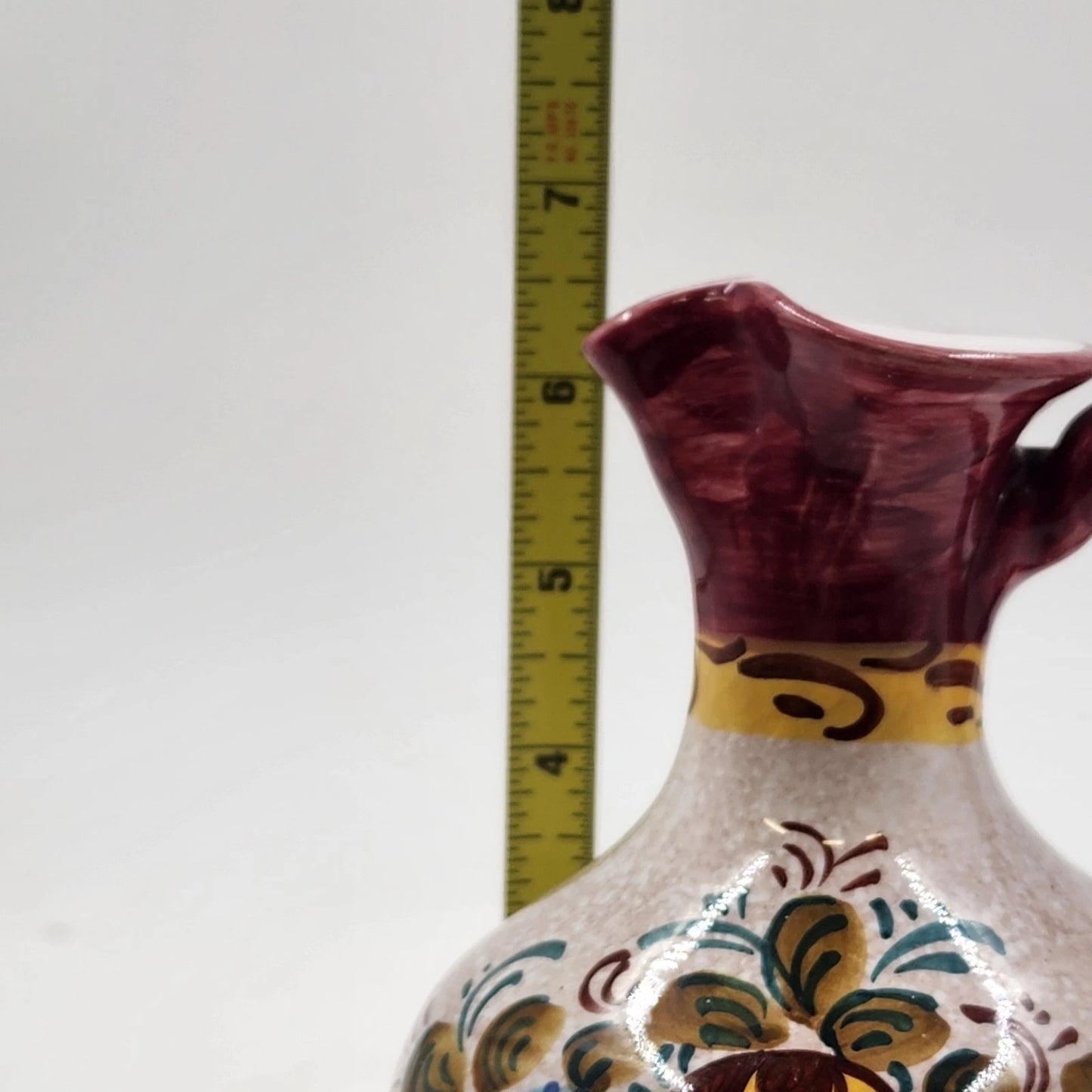 Italian Ceramic Pottery Pitcher Hand Painted Bright Floral Twist Handle 8.5"