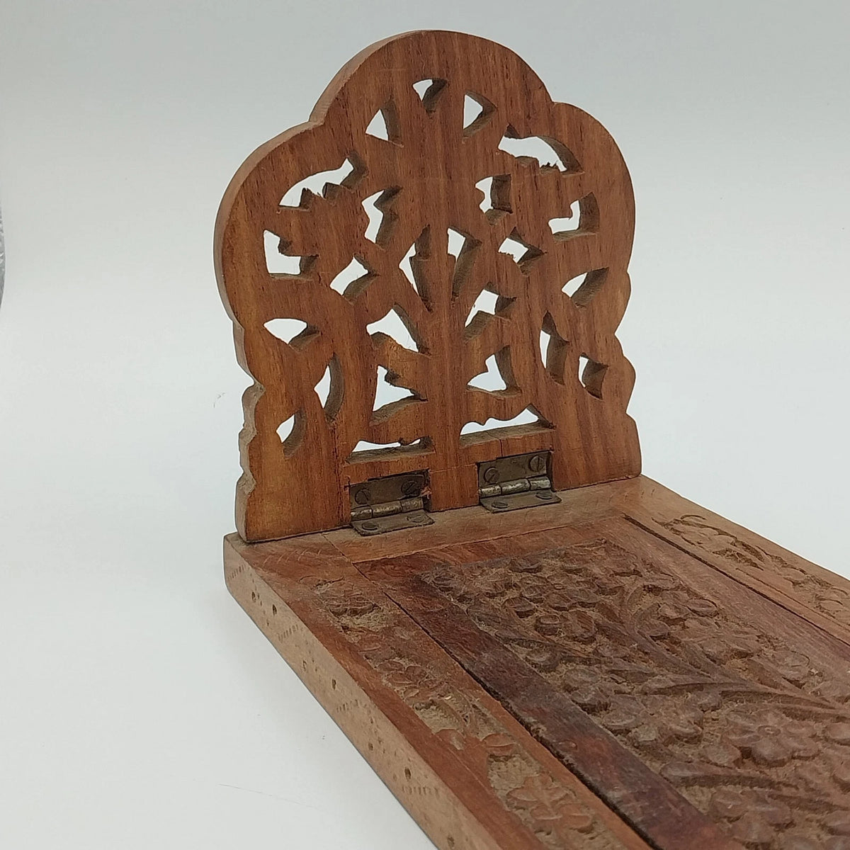 Hand Carved Natural Wood Expandable Book Rack Floral Bookends 17" Extend India