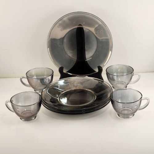 4 Sets of 8" Salad Luncheon Plates with Coffee Cups AH Presence Glass Clear Gray