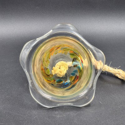 Bell Hummingbird Hand Blown Art Glass Multicolored Swirls Ruffled Edge Rope Hang