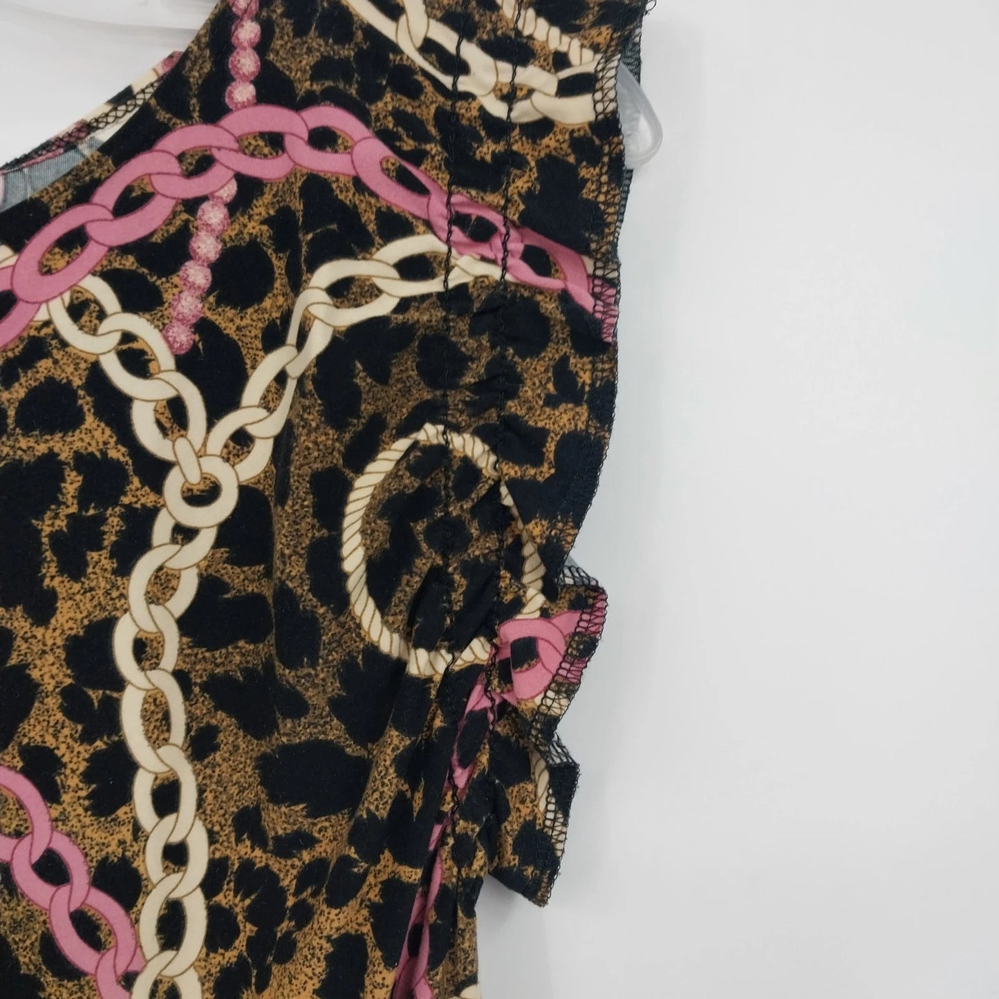JTB Leopard Chain Print Top Women's Petite Large Ruffle Cap Sleeve Stretch Tee