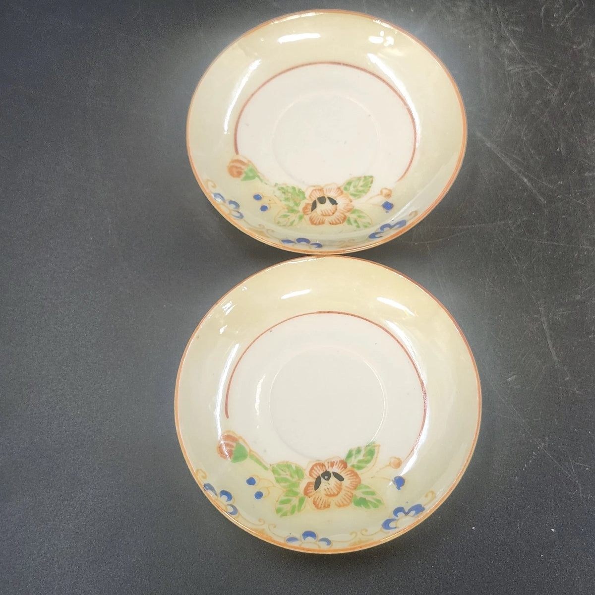 Porcelain Demitasse Cups & Saucers Set of 2 Hand Painted Floral Rim Chip Japan