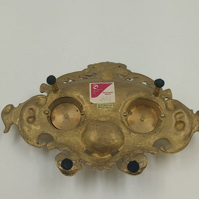 Ornate Double Inkwell Gilded Bronze Cherub Floral 9.75" Lacquered Iron