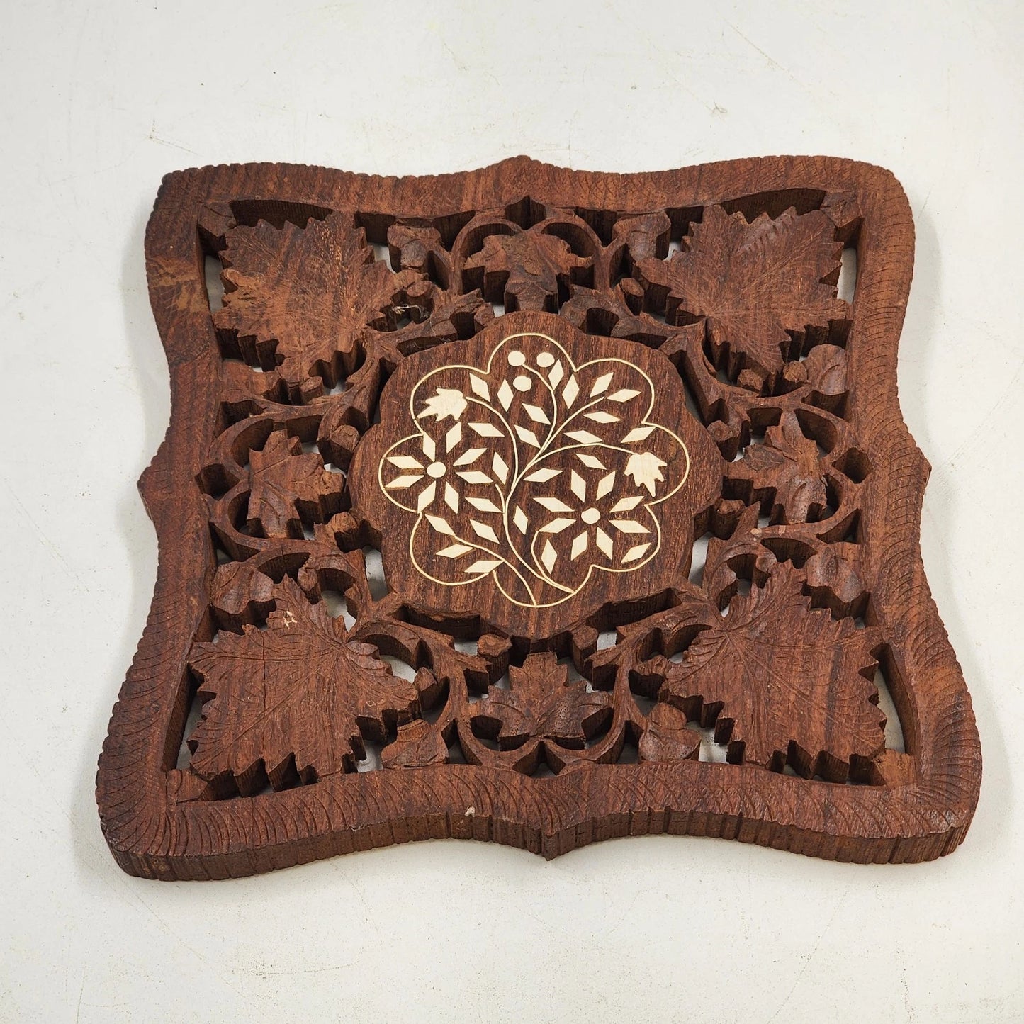 2 Hand Carved Wood Trivets 8" Gold Inlay Floral Leaf Design Scrolled Sides India