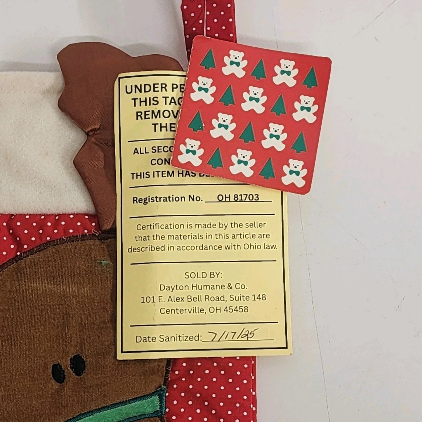 Reindeer Christmas Stocking Red Nose Candy Cane Bell 14.5” Red Dot Pattern Vtg