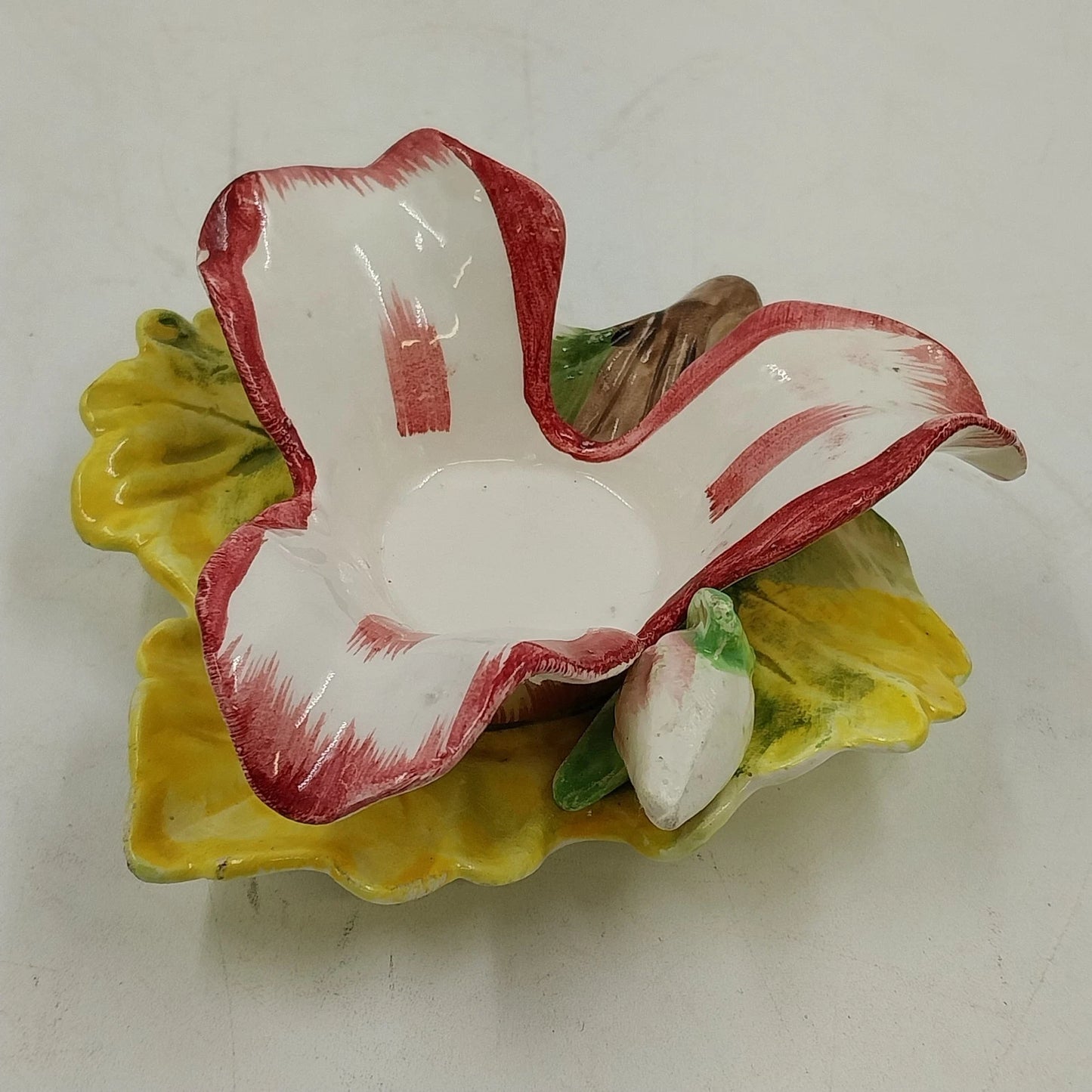 Ceramic Floral Tea Light Candle Holder Leaf Plate Red White Flower Chadwick Vtg