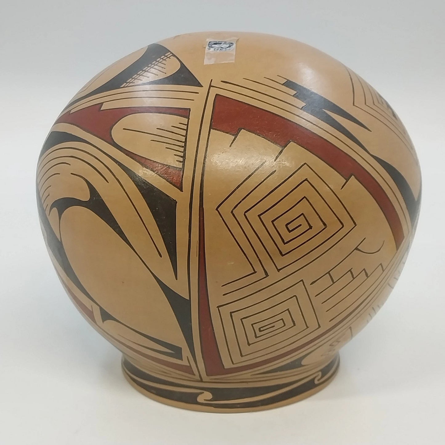 Handmade Mexican Pottery Bowl Geometric Bird Motif Tan Black Red 7" Round Bottom