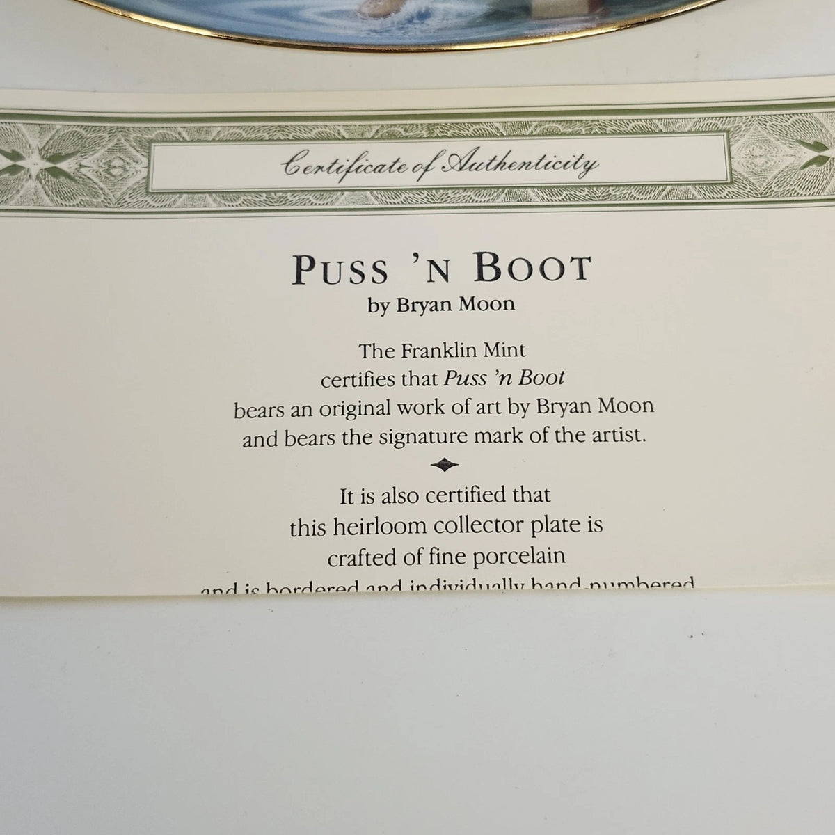 Franklin Mint Puss 'N Boot Bryan Moon Fine Porcelain Plate Limited Edition COA