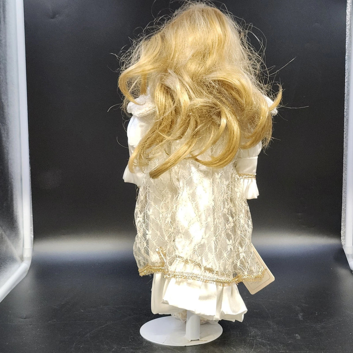 Treasures in Lace Porcelain Angel Doll Blonde White Gold Dress 17" Vintage