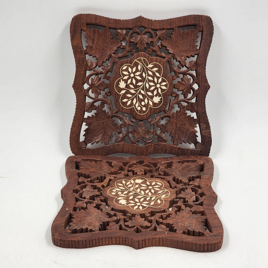 2 Hand Carved Wood Trivets 8" Gold Inlay Floral Leaf Design Scrolled Sides India